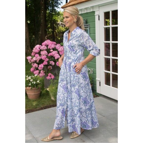 Julia India Amory JA Shirt Dress Maxi Button Down Cotton Blue Aegean Chintz L - Picture 1 of 9